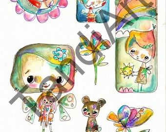 Rainbow story- digital image for collage, home decor and papercraft, a printable image, art journaling, fairy girl, collage sheet, wall art