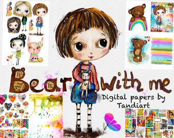 Puede incluir: Papeles digitales con una ilustración de acuarela de una niña sosteniendo un oso de peluche. El texto "Bear with me" y "Digital papers by Tandiart" también están incluidos en la imagen.