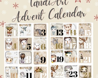 TandiArt Winter Snuggles Calendario de Adviento- 2 páginas digitales, calendario de adviento, papercraft, una imagen imprimible, diario de arte, hoja de collage,