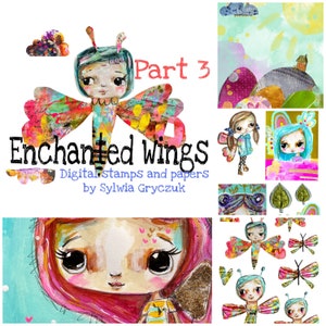 Enchanted Wings part3 A4 digital scrapbook collage sheets, printables, for downloading, digital art, card making, fairy, boho, colorful