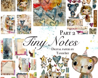 Tiny Notes part 2- A4 digital scrapbook collage sheets, printables, for downloading, digital art, card making, fairy, boho, colorful