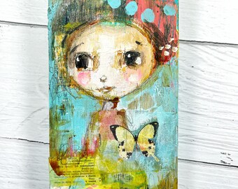 Hopeful Girl- oryginal mixed media on wood panel , board painting,  colorful, magic ,acrylic, for girl, for a boy, wall decor