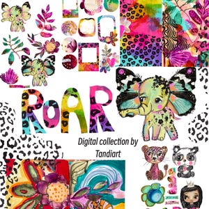 Roar - cyfrowe arkusze kolażu A4, do druku, do pobrania, sztuka cyfrowa, tworzenie kartek, wróżka, dżungla, kolorowe