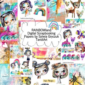 RAINBOWland part1- bundle of 5 digital image for collage, papercraft, a printable image, art journaling, fairy girl, collage sheet, wall art