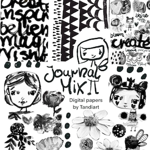 Journal Mix - cyfrowe arkusze kolażu A4 do scrapbookingu, do wydrukowania, do pobrania, art journaling, czarno-białe, monochromatyczne