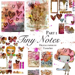 Tiny Notes パート 1 - A4 デジタル スクラップブック コラージュ シート、印刷可能、ダウンロード用、デジタル アート、カード作成、妖精、ボヘミアン、カラフル