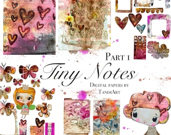 Tiny Notes part 1  - A4 digital scrapbook collage sheets, printables, for downloading, digital art, card making, fairy, boho, colorful