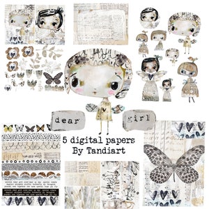 Dear Girl - A4 fogli di collage di scrapbook digitali, stampabili, per il download, arte digitale, creazione di carte, fata, boho, colorato