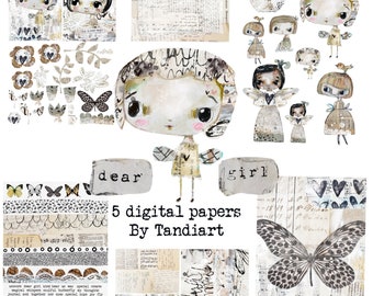 Dear Girl - A4 digital scrapbook collage sheets, printables, for downloading, digital art, card making, fairy, boho, colorful