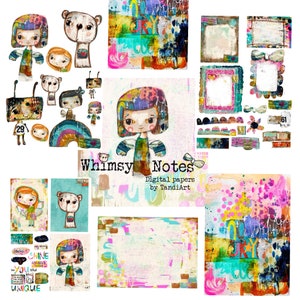 Whimsy Notes -A4 digital scrapbook collage sheets, printables, for downloading, digital art, card making, fairy, boho, colorful