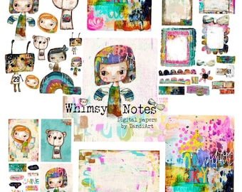 Puede incluir: Papeles digitales Whimsy Notes de TandiArt. Una colección de papeles digitales coloridos con ilustraciones caprichosas de chicas, animales y diseños abstractos. Los papeles son perfectos para scrapbooking, creación de tarjetas y otros proyectos creativos.