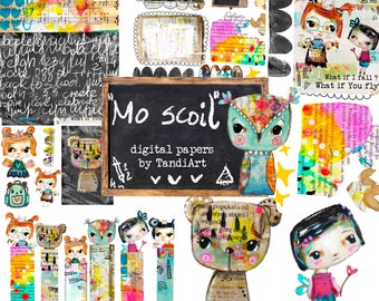Mo scoil   - A4 digital scrapbook collage sheets, printables, for downloading, digital art, card making, fairy, boho, colorful