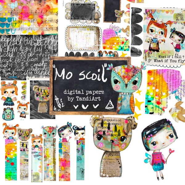 Mo scoil   - A4 digital scrapbook collage sheets, printables, for downloading, digital art, card making, fairy, boho, colorful