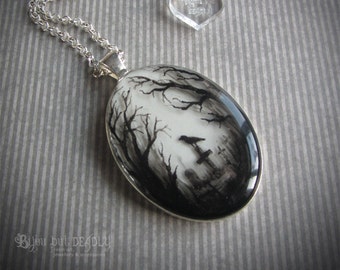 Gloomy Wood Graveyard Hand Painted Resin Oval Pendant ~~ Gothic Diorama Necklace, Original Resin Art Jewellery, Crow, Raven Necklace