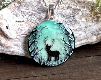 Stag in a Winter Forest Resin Pendant ~~ Unique Hand Painted Resin Jewellery, Original Resin Art Gift, Gift for Her, Christmas Jewellery