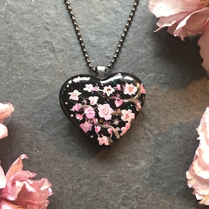 Cherry Blossom Black Heart Pendant, Hand Painted Floral Necklace