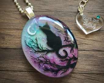 Starry Night Cat Resin Pendant ~~ Unique Hand Painted Resin Jewellery, Original Resin Art Gift, Gift for Her, Matching Keyring Option