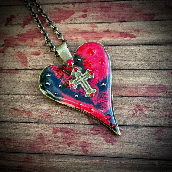 Gothic Wild Heart Patchwork Resin Pendant ~~ Black and Red Mixed Media Necklace, Gothic Gift