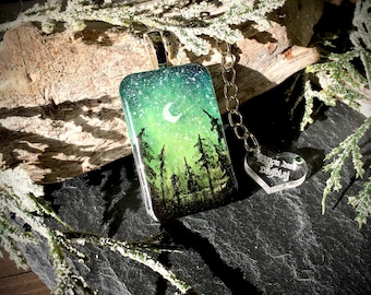 Winter Night Sky Forest Resin Pendant~~ Northern Lights and Pine Forest Necklace,  Hand Painted Unique Resin Jewellery