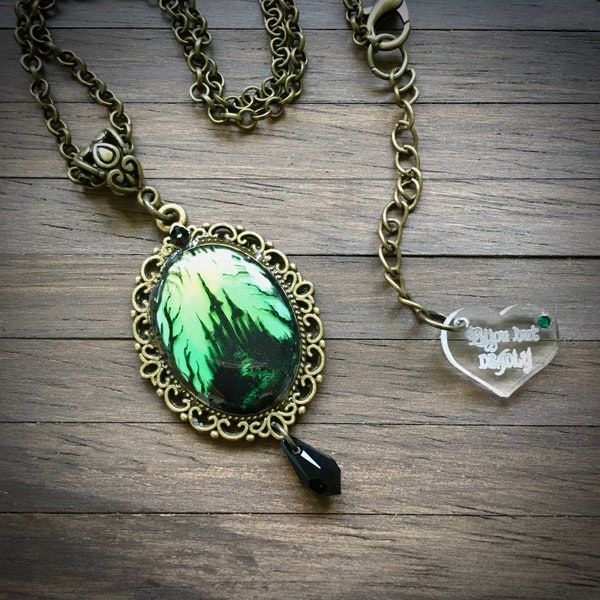 Enchanted Castle Green Cameo Necklace ~~ Hand Painted Fairytale Scene with Crystal Drop