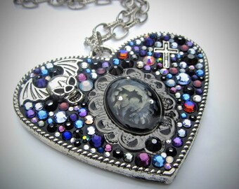 Midnight Rocks Large Heart Silver Pendant ~~ statement necklace, blue crystal heart necklace, goth necklace, rocker style, custom pendant