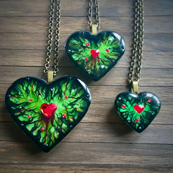 Poison Ivy Hand Painted Resin Heart Pendant ~ Green with Red Crystal Heart Necklace, Original Resin Art, Vibrant Statement Jewellery