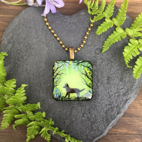 Fox in Bluebell Wood Square Resin Pendant ~~ Hand Painted Resin Jewellery, Animals of the Forest, Unique Gift for Nature Lover