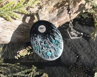 Winter Sparkling Meadow Hand Painted Resin Pendant ~~Winter Full Moon, Gift for Nature Lover