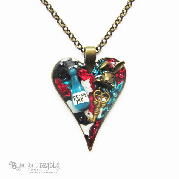 Alice in Wonderland Drink Me Statement Heart Resin Pendant ~ Mixed Media Necklace, Unique Necklace, Gift for Alice in Wonderland Fan