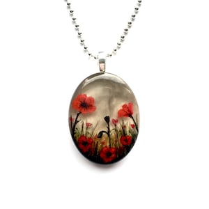 Poppy Field Hand Painted Resin Pendant ~~ Wearable Jewellery Featuring a Cornfield and Poppies, Botanical Gift, Matching Keyring Option