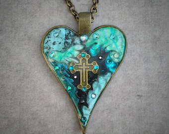 Gothic Heart Turquoise Resin Pendant ~~ gothic cross pendant, gothic gift