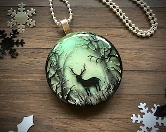 Winter Stag in Snowy Forest Hand Painted Resin Pendant ~~ Unique Art Resin Necklace, Statement Jewellery, Winter Scene, Christmas Gift