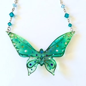 Peacock Ombre Butterfly Large Resin Pendant ~~ statement necklace, Swarovski embellished butterfly necklace, wearable art, Summer style