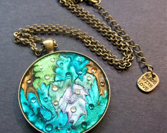 Emerald Green Round Bronze Pendant ~~ Fused Plastic and Resin Pendant, Abstract Necklace, Original Resin Jewellery, Peacock Colours Necklace