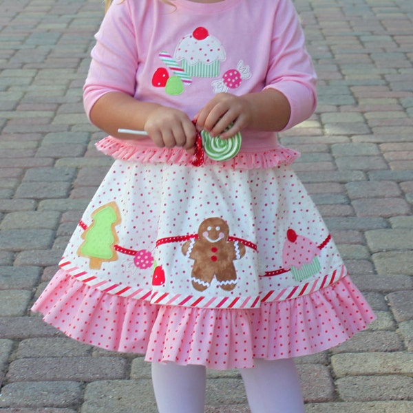 Girls Christmas skirt pdf pattern, Christmas cookie applique dress, candy cane skirt, ruffle circle skirt, VISIONS OF SUGARPLUMS