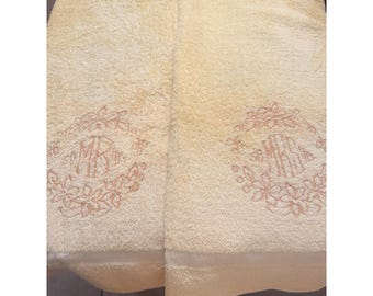 Vintage Wedding Set Mr. And Mrs. Embroider Yellow Bath Towels by Martex MCM
