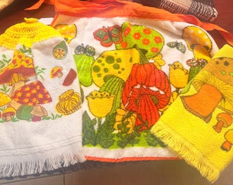 Vintage 1970s Mushroom kitchen towels and apron. Three-piece set