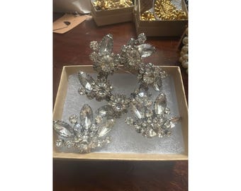 Vintage Judy Lee rhinestone brooch with matching clipped earrings