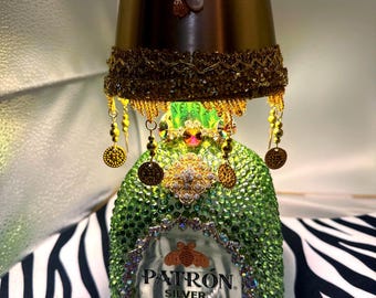Decorated Patron Silver Bottle Lamp with Hand-Set Rhinestones for Bar Display