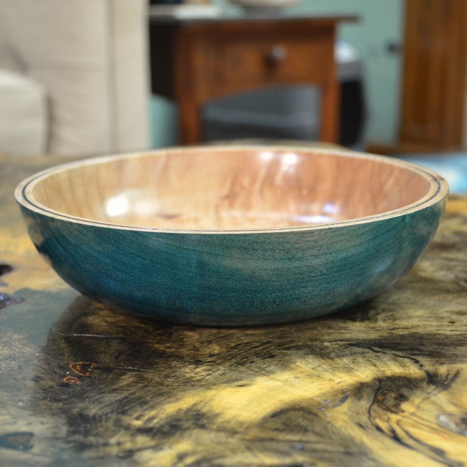Decorative Teal Curly Maple Wood Bowl Etsy