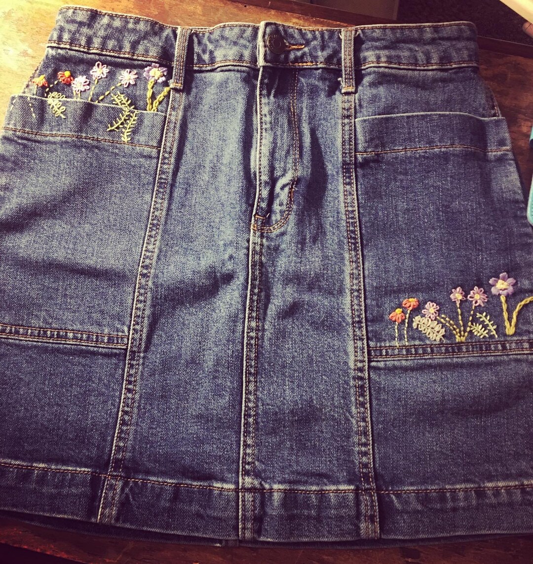 Embroidered Washed Denim Skirt Set