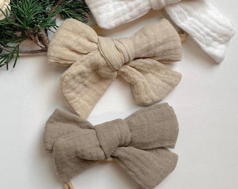 Taupe Linen Baby Bow Headband: Newborn to Childhood