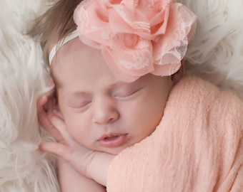 Peach Chiffon Flower Baby Headband: Lace & Satin