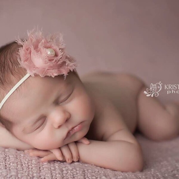 Dusty Rose Shabby Headband, Dusty Rose Headbands, Dusty Rose Newborn Headbands, Petite Pink Headbands, Pink Baby Headbands