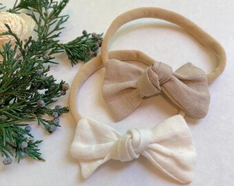 Linen Baby Bow Headband: Knotted Newborn Hair Bow