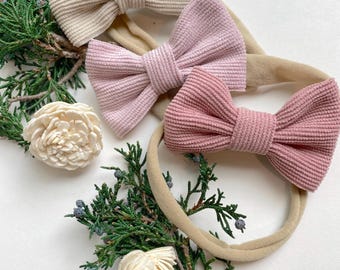 Diadema con lazo de pana rosa: lazo de nailon suave para recién nacidos
