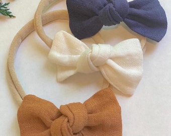 Linen Baby Bow Headband: Knotted Newborn-Teen Elastic Band