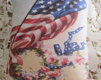 PATRIOTIC FLAG Pillow Americana USA Flag Decor Red White Blue Pink Roses Flag, Sweet!!!!!