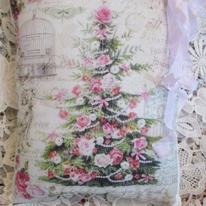 Pink ROSES Pillow CHRISTMAS TREE French Script Pink Christmas Shabby Chic Pillow, Sweet!!!