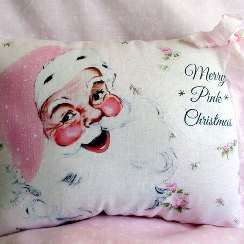 Pink SANTA Pillow Pink Roses Pink Ribbons Shabby Christmas Etsy